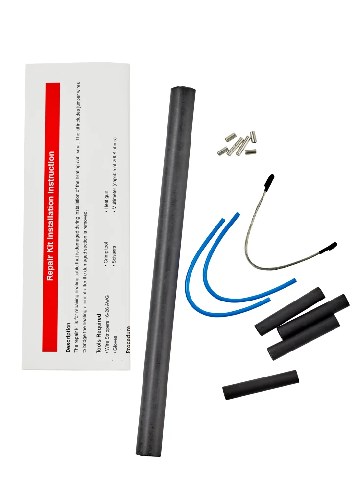 Items included in the Under Tile & Under Timber heating repair kit including connectors, heat shrink tube, crimp sleeves etc.