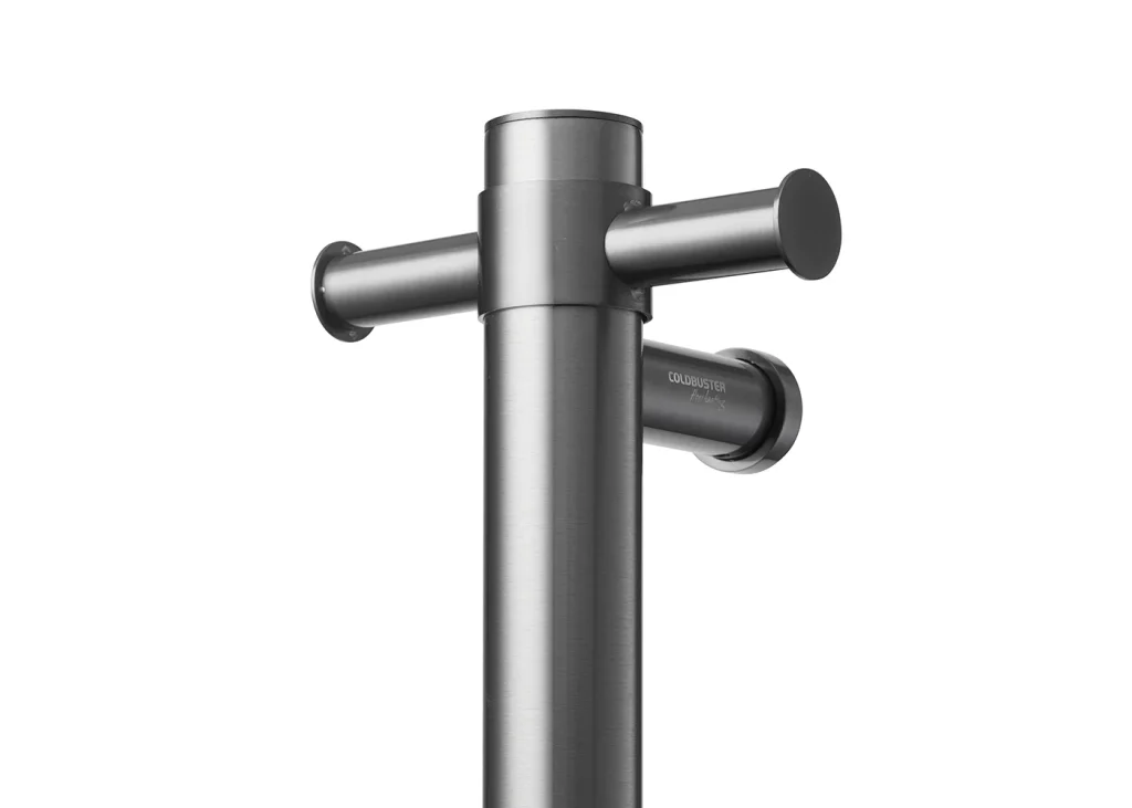 Gun Metal finish of the vertical heated towel rail showing the hooks to hang and dry towels