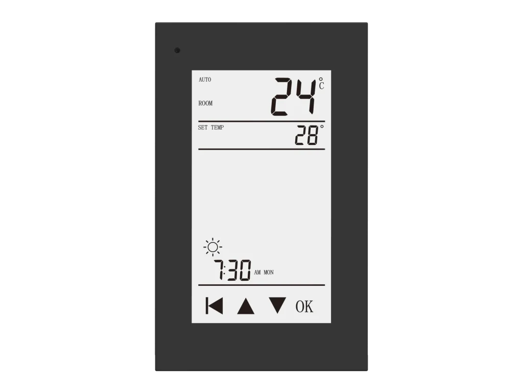 straight view of the black colour Coldbuster programmable basic touch screen thermostat