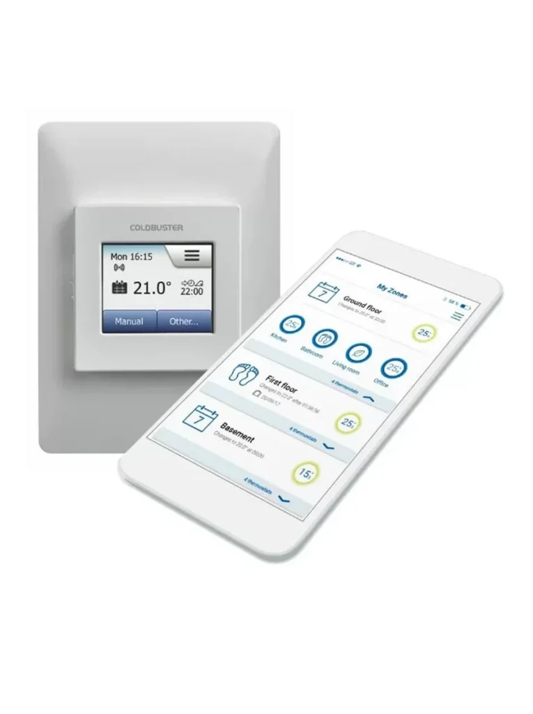 front view of the smart Wi-fi floor heating thermostat that can be controlled by Google Home and Amazon Alexa