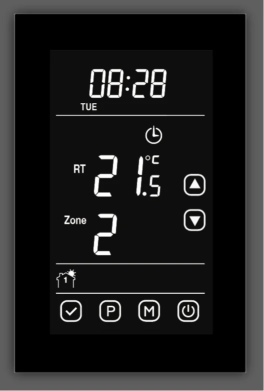 Black CB Dual Thermostat able to control either two floor heating zones or one floor heating and one towel rail zone on a timer