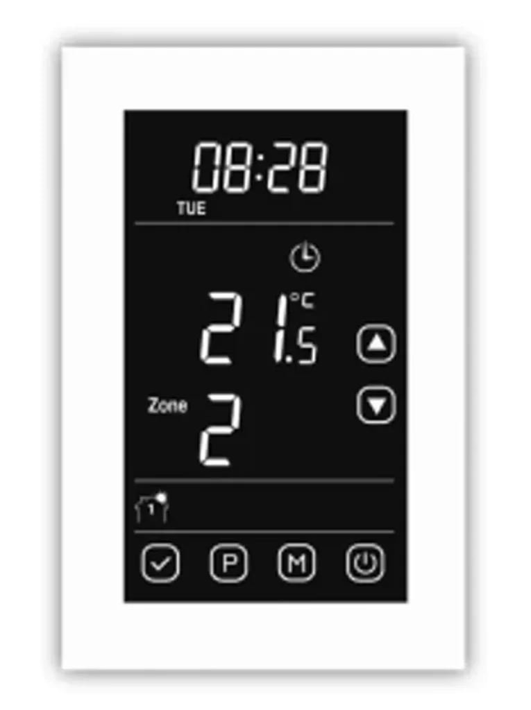 White CB Dual Thermostat able to control either two floor heating zones or one floor heating and one towel rail zone on a timer