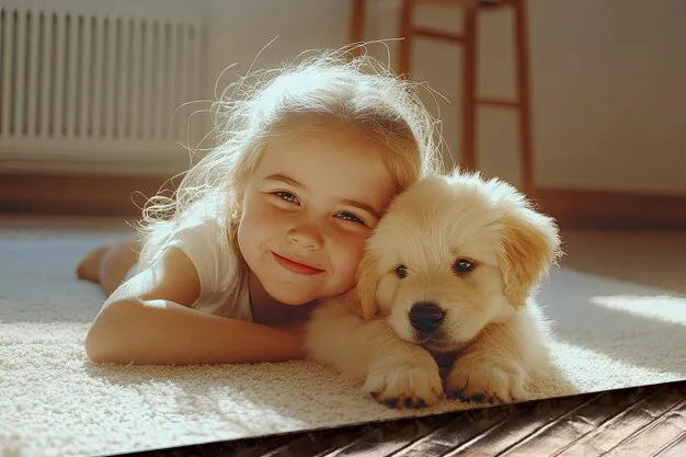 A child and a dog sitting on a rug with rug heater underneath